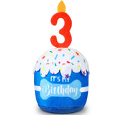 Dansydaisy dog birthday cake toy blue side view for interactive play and squeaks