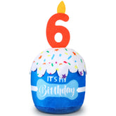 Dansydaisy dog birthday cake toy blue side view promotes playful celebration and teething fun.