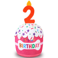 Dansydaisy dog birthday cake toy closeup pink highlighting squeaky cream details for playful celebrations