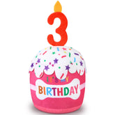 Dansydaisy dog birthday cake toy pink side view promotes festive play and gentle chewing.