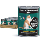 Dave's Pet Food grain-free canned cat food front can highlights turkey pâté nutrition for cats