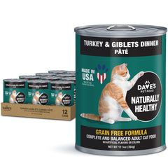 Dave's Pet Food grain-free canned cat food front can highlights turkey pâté nutrition for cats