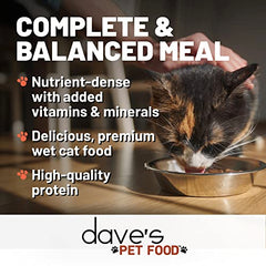 Dave's Pet Food grain-free tuna and chicken gravy cans close-up labels sensory appeal.