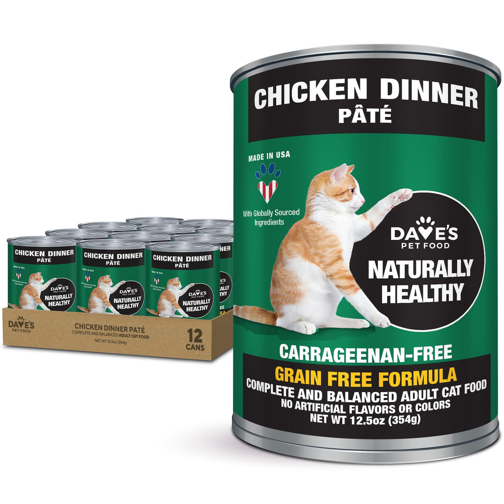 Dave's Pet Food pate-chicken cat can closeup highlights grain-free protein for cats.