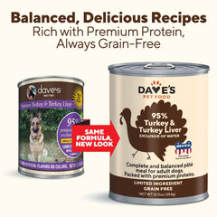 Dave's Pet Food turkey liver can label close-up showing high meat quality and limited ingredients