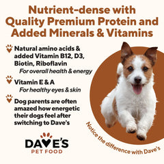 Dave's Pet Food chicken and rice can label shows USA-made sourcing and added vitamins.