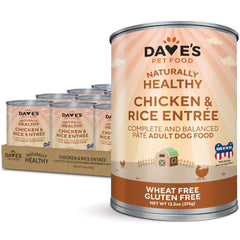 Dave's Pet Food wet chicken and rice cans pack showcases convenient, protein-rich meals for dogs.