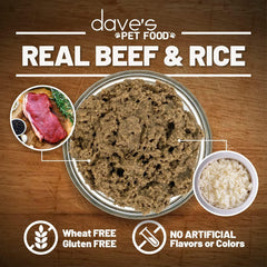 Dave's Pet Food beef and rice back-of-label showcases USA-made quality and gluten-free recipe.
