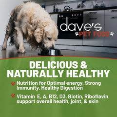 Dave's Pet Food wet beef and rice serving-bowl highlights a convenient dinner option for dogs.