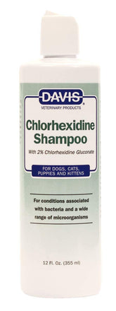 Davis Chlorhexidine Pet Shampoo bottle showing ready-to-use formula for healthy skin