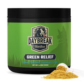 Daybreak Nutrition Green Relief bottle close-up shows powder formula for lawn protection and healthy grass