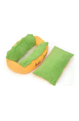 DAZZLING BEAUTY hotdog design dog bed side-angle shows durable stitching for lasting use