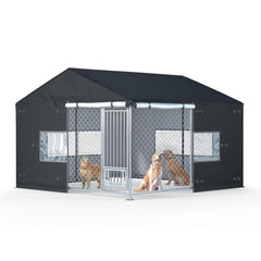 Ddeman outdoor kennel cover front view showing full coverage for weather protection
