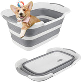 ddLUCK collapsible dog bathtub folded for compact storage and travel readiness.