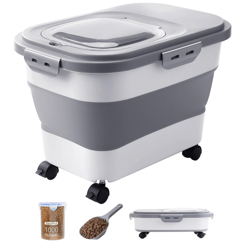 DDMOMMY dog food storage container front view showing easy access and space-saving design