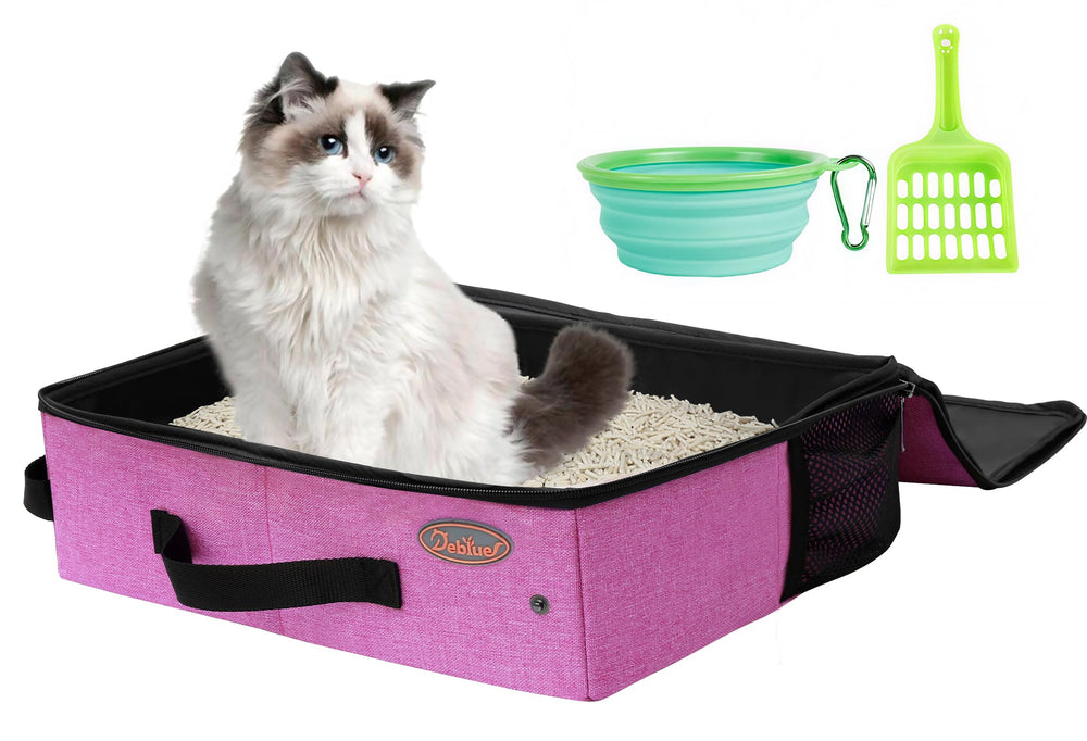 Deblue portable traveling cat litter box with lid in pink, keeps litter tidy.
