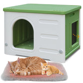 Deblue waterproof cat house outdoor green — rugged shelter for outdoor cats.