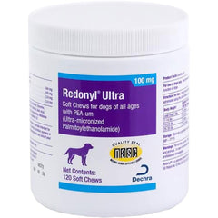 Dechra Redonyl soft chews packaging highlights hypoallergenic formula for seasonal allergies.