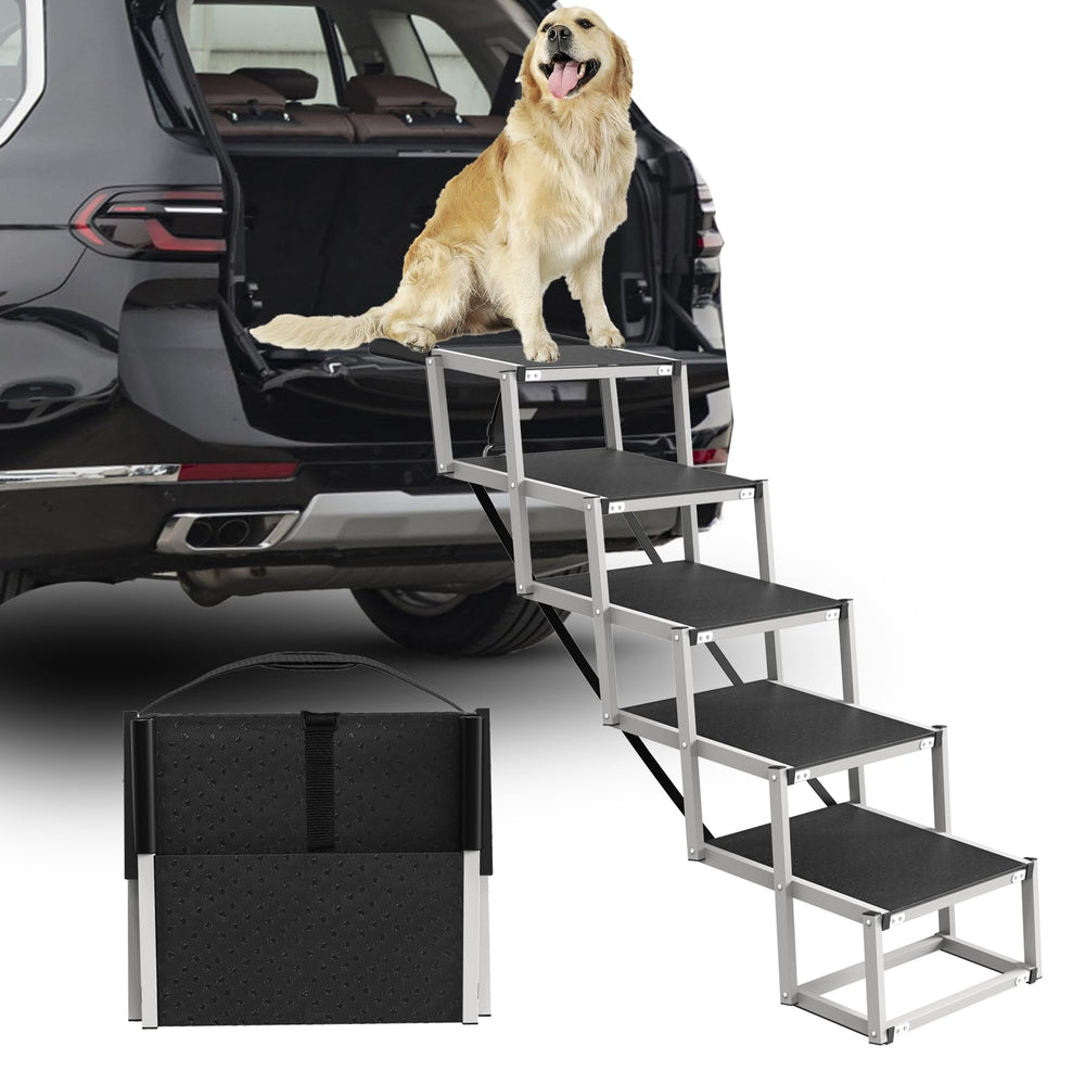 DeerGym dog stairs aluminum frame shows rust-resistant durability for daily pet access.