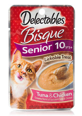Delectables Senior Bisque tuna-chicken pouches for quick, tasty treat sessions.