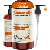Deley Naturals Salmon Oil bottle closeup highlights omega-3 benefits for dogs