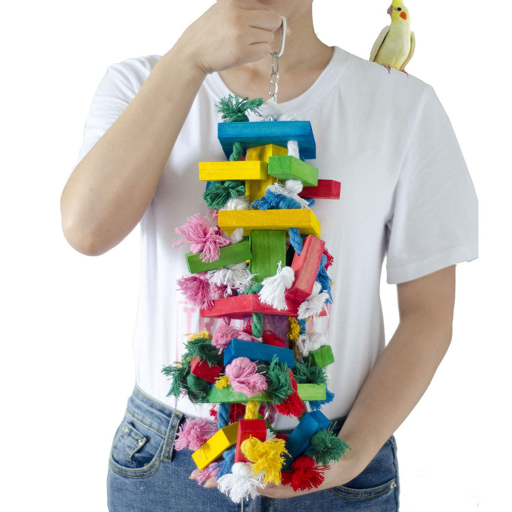 Deloky Bird Block Knots Toy with colorful wood blocks for parrot enrichment.