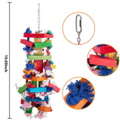 Deloky Bird Block Knots Toy showing hanging chain and rope for durable chewing.