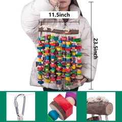 Deloky parrot chewing toy wood blocks close-up showcases vibrant colors for enrichment.