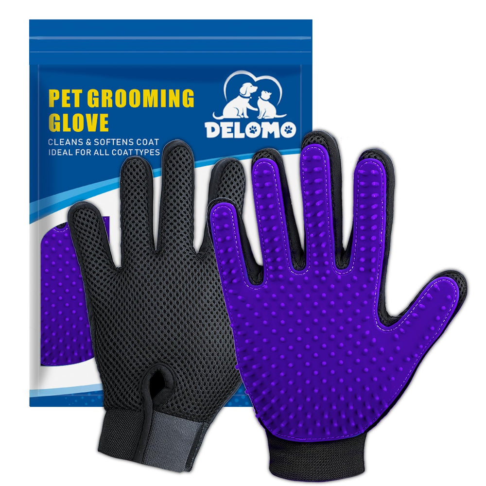 DELOMO Upgrade Pet Grooming Glove on left hand for gentle deshedding and massage.