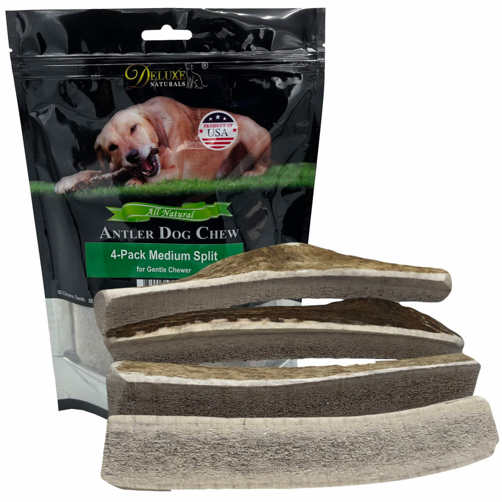 Deluxe Naturals elk antler chews pack 4 medium split, ideal for small dogs' chewing sessions.