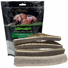 Deluxe Naturals elk antler chews pack 4 medium split, ideal for small dogs' chewing sessions.