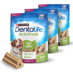 Dentalife ActivFresh dog chews pack front highlights breath-freshening dental care for small and medium dogs.