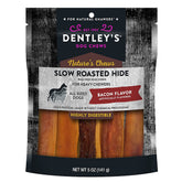 Dentley Dently Nature's Chews bag with waste roll shows bacon-flavored hide for heavy chewers.
