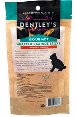 Dentley's Wrapped Rawhide Sticks Chicken closeup highlighting appetizing texture for satisfying chews.