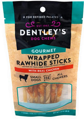Dentley's Gourmet Wrapped Rawhide Sticks Chicken pack image showing long-lasting chew appeal for dogs.