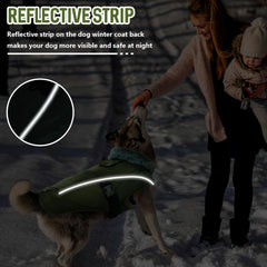 DENTRUN Winter Warm Dog Coat back view with reflective strips for dusk safety.
