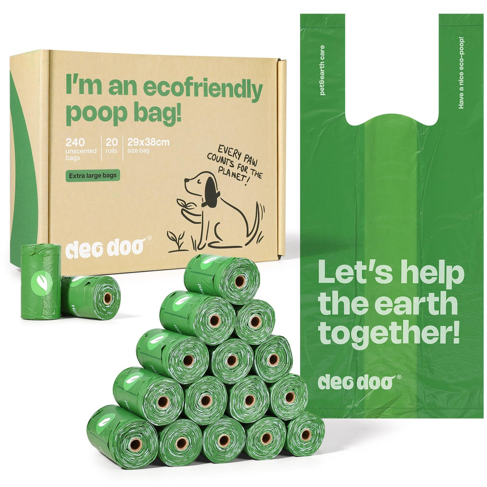 Deo Doo dog poop bags with heavy-duty handles for easy cleanup.