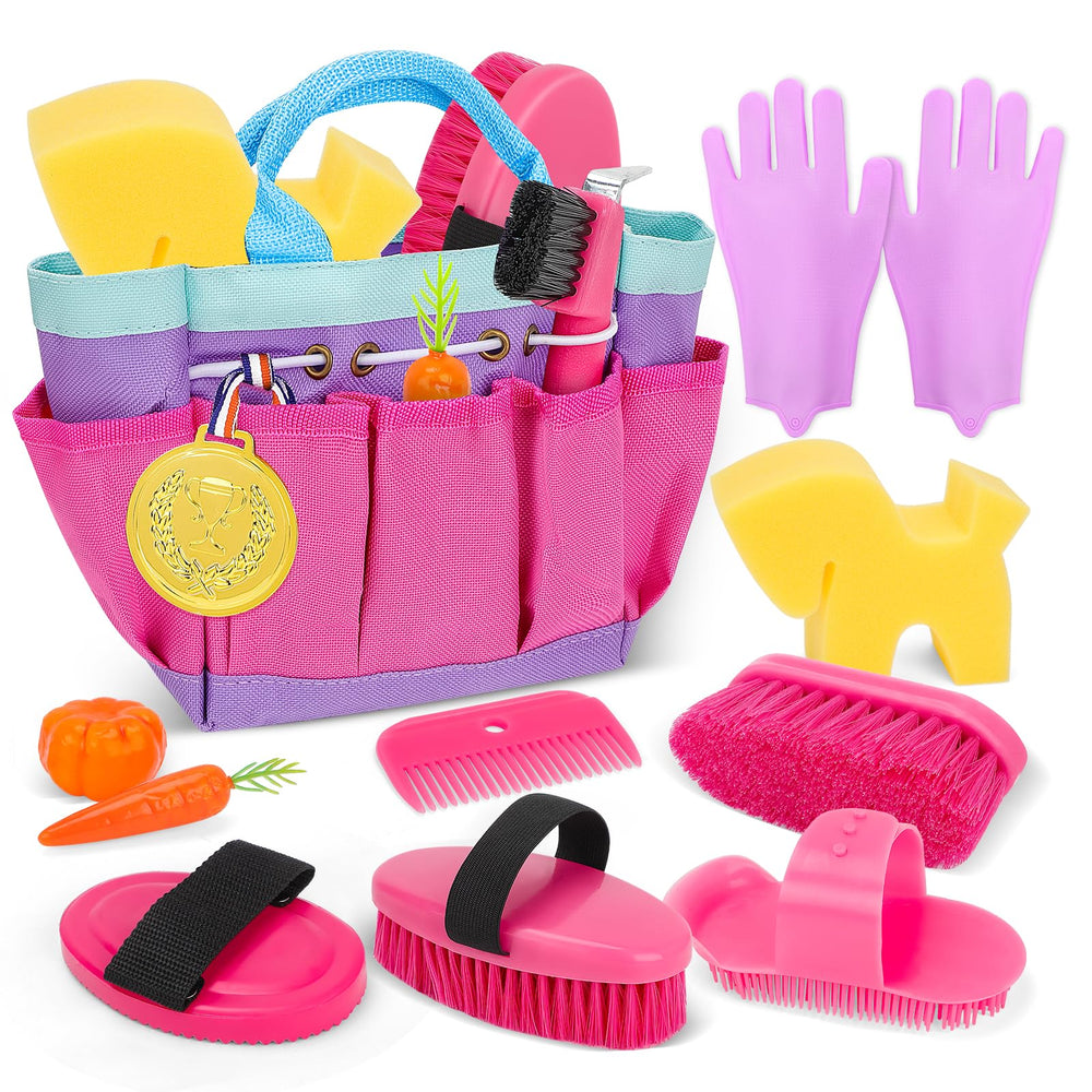 deAO horse grooming kit 12-piece set organized in tote bag for pretend play sessions
