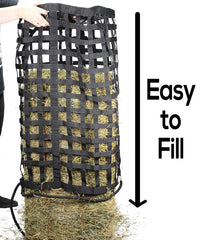 Derby Originals hay bag openings closeup demonstrates slow-feed design to reduce waste.