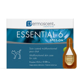 Dermoscent Essential 6 Spot On bottle closeup demonstrates plant-based care for a cat's skin and coat