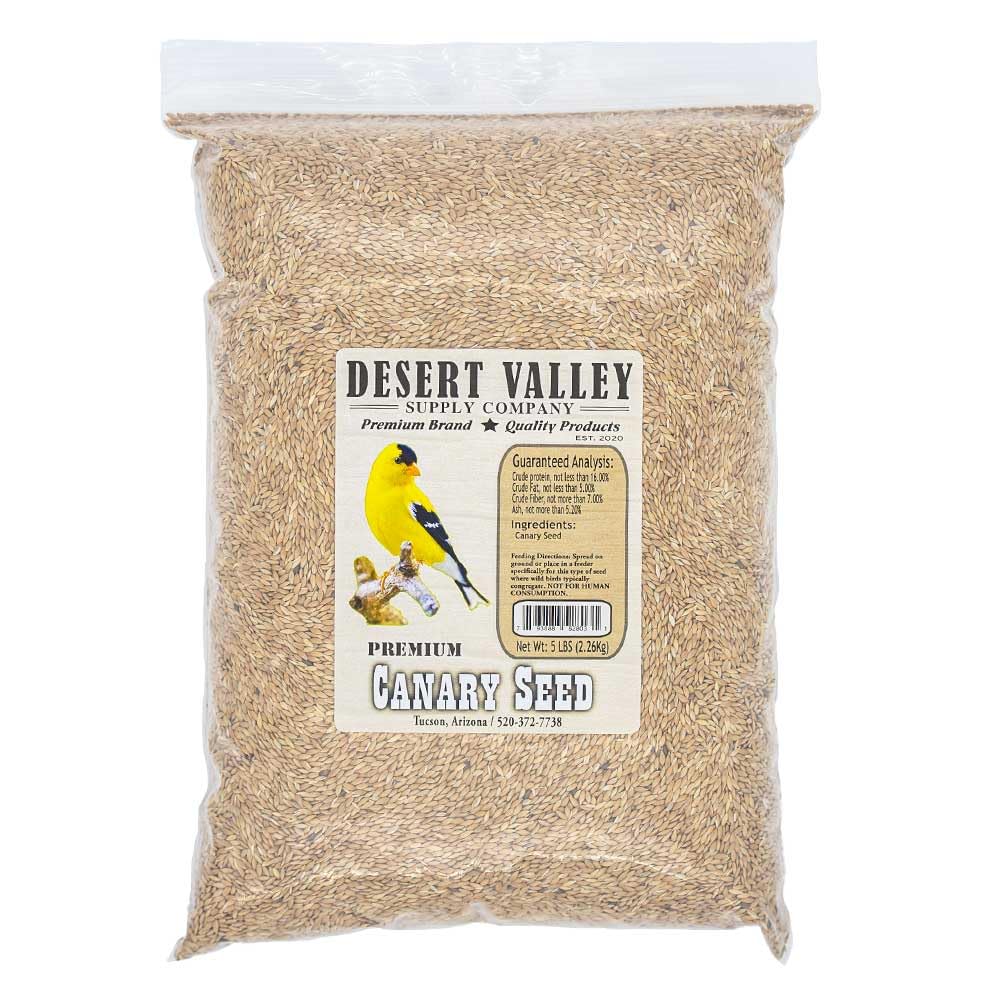 Desert Valley Supply canary seed bag shows premium, non-GMO formula for year-round feeding.