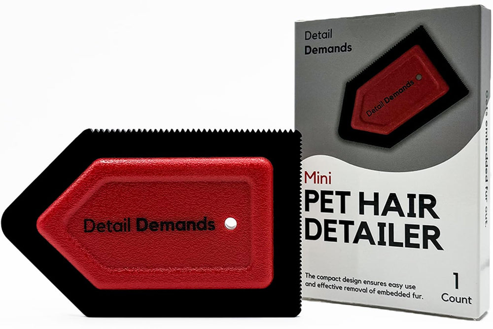 Detail Demands Mini Pet Hair Detailer removes couch hair for a cleaner living room.