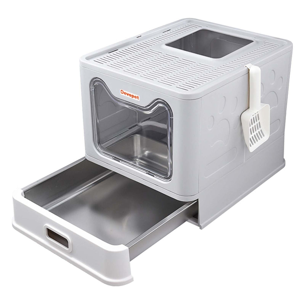 Devopet stainless steel litter box with lid offers privacy and odor control for indoor cats.