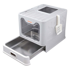 Devopet stainless steel litter box with lid offers privacy and odor control for indoor cats.