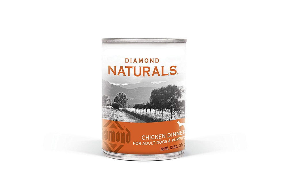 Diamond Naturals Chicken Dinner Can Dog label highlights real chicken quality