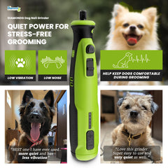 Diamondg nail grinder operates quietly to keep dogs calm during grooming.