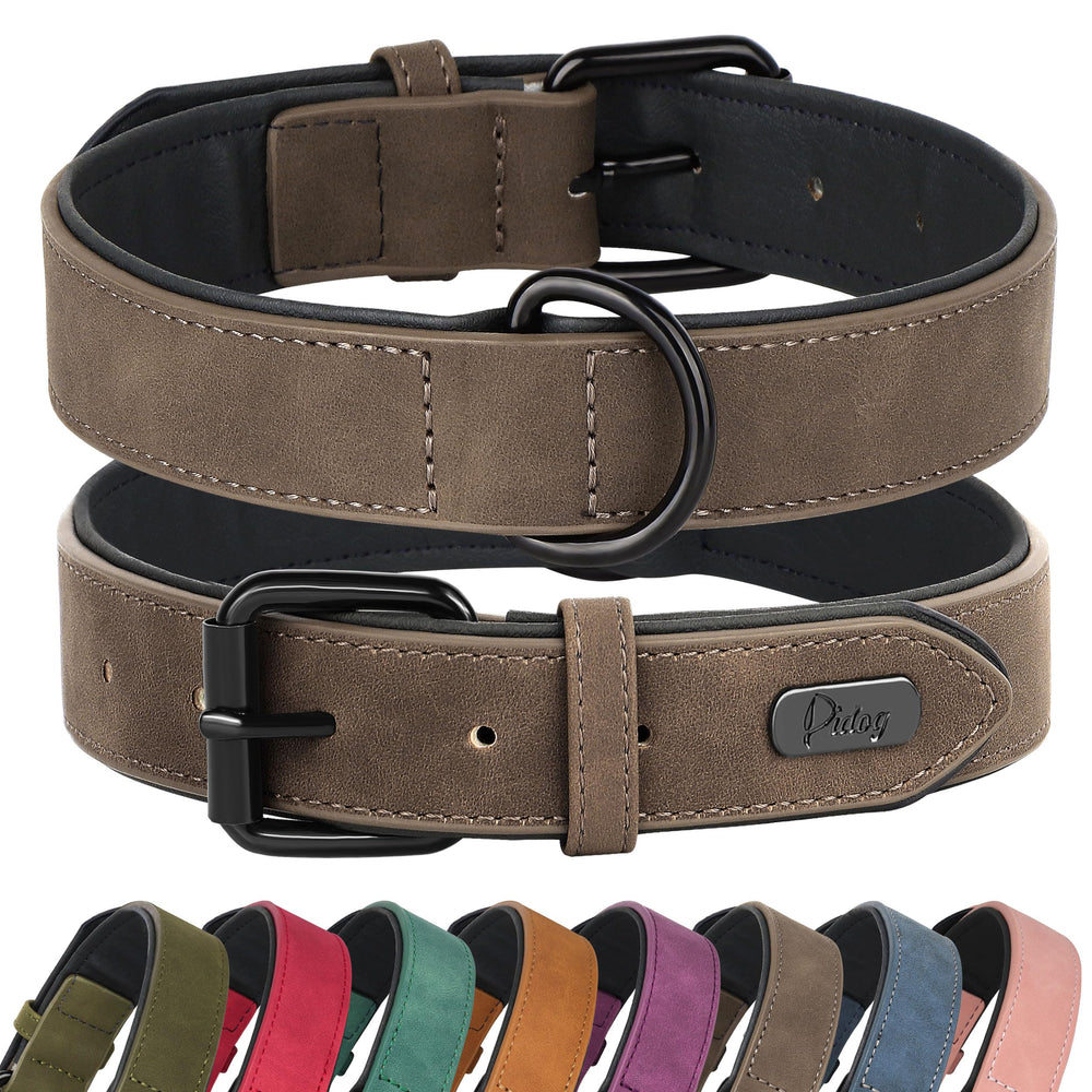 Didog soft padded PU leather dog collar brown front view for daily walks