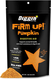 Diggin’ Your Dog Firm Up bottle front view demonstrates pumpkin-based supplement for digestion support.