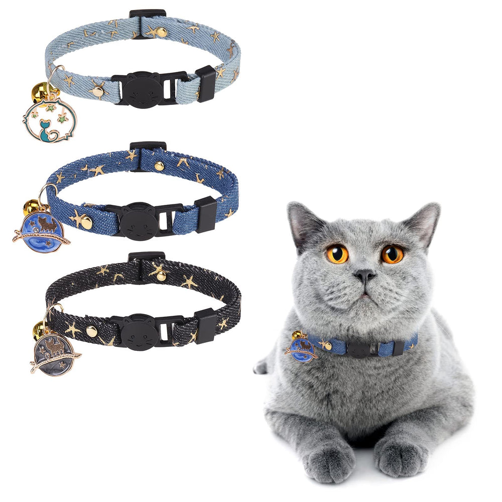 DILLYBUD 3-pack cat collars pack shot, seasonal style variety for cats.