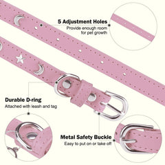 DILLYBUD leather dog collar pink adjustable-buckle demonstrates quick-on, quick-off daily wear.